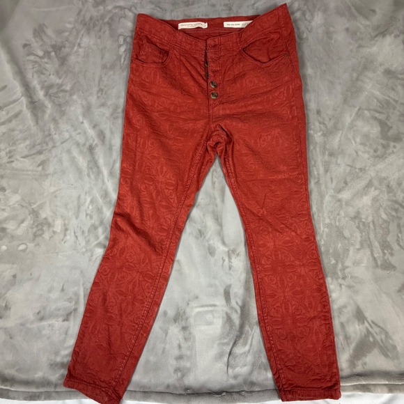 Pilcro and the Letterpress by Anthropologie Pants - Anthropologie Pilcro High Rise Skinny Pants Rust Orange Floral Jacquard Size 32